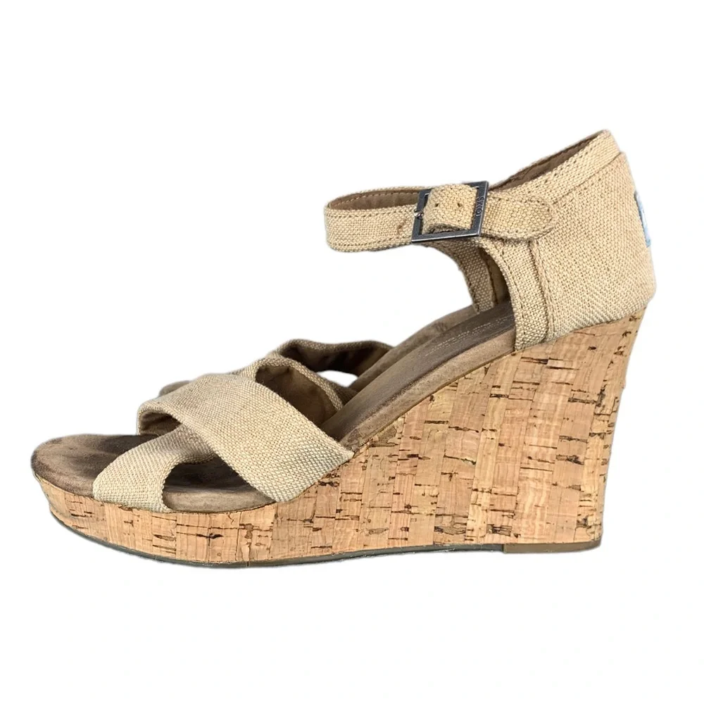 TOMS. Sienna Burlap Cork Wedge Platform Sandals - Size 9